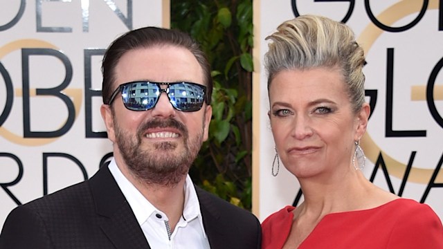 Host Ricky Gervais (L) and Jane Fallon attend the 73rd Annual Golden Globe Awards held at the Beverly Hilton Hotel on January 10, 2016 in Beverly Hills, California.