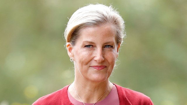 Sophie, Countess of Wessex in red cardigan and pink block dress