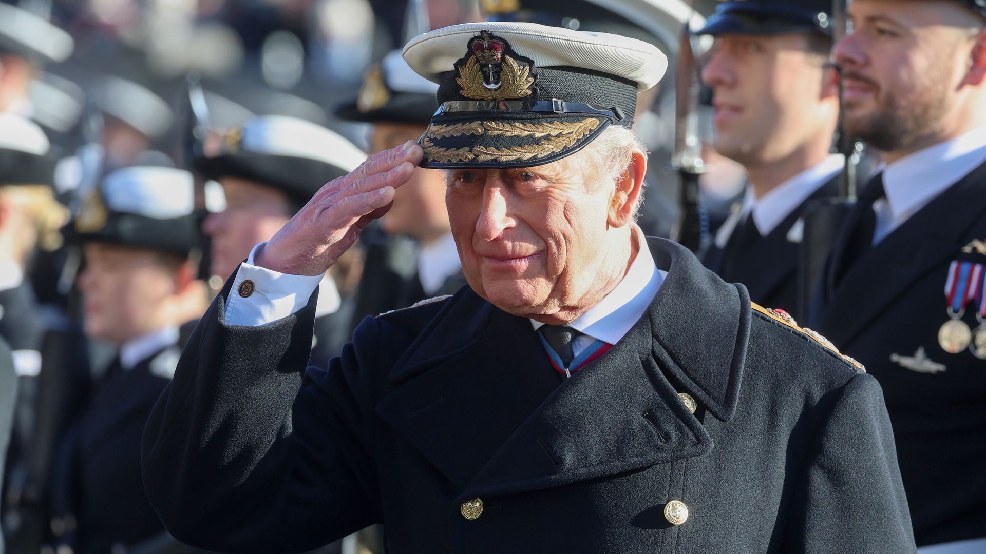 King Charles III, The Lord High Admiral, salutes during a visit to The Lord High Admiral's Divisions at Britannia Royal Naval College on December 19, 2025