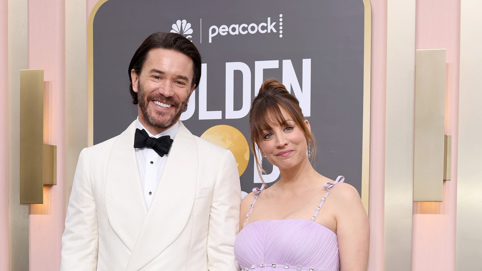 Tom Pelphrey and Kaley Cuoco attends the 80th Annual Golden Globe Awards at The Beverly Hilton on January 10, 2023 in Beverly Hills, California