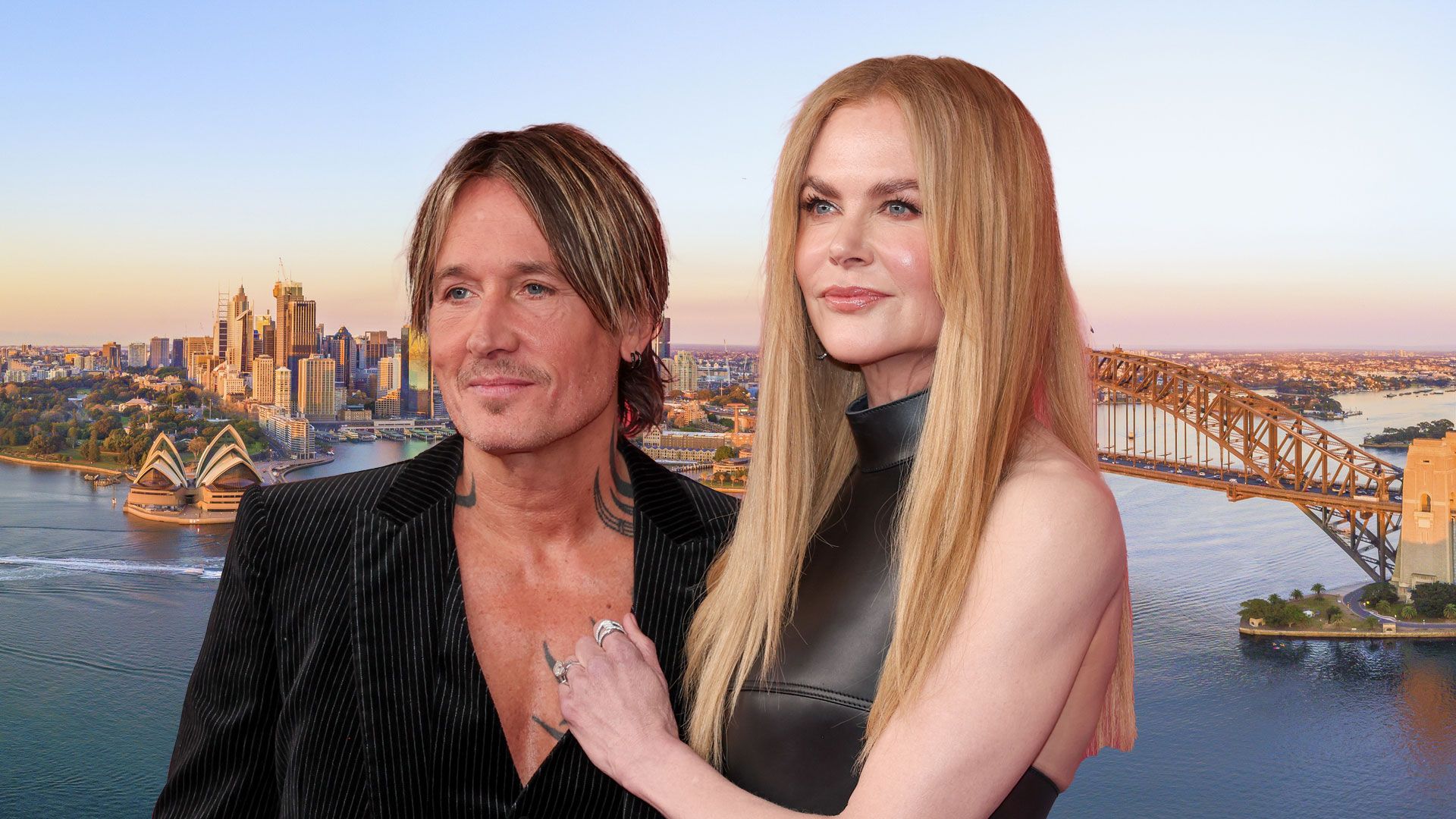 Nicole Kidman and Keith Urban in black photoshopped over sydney sunrise