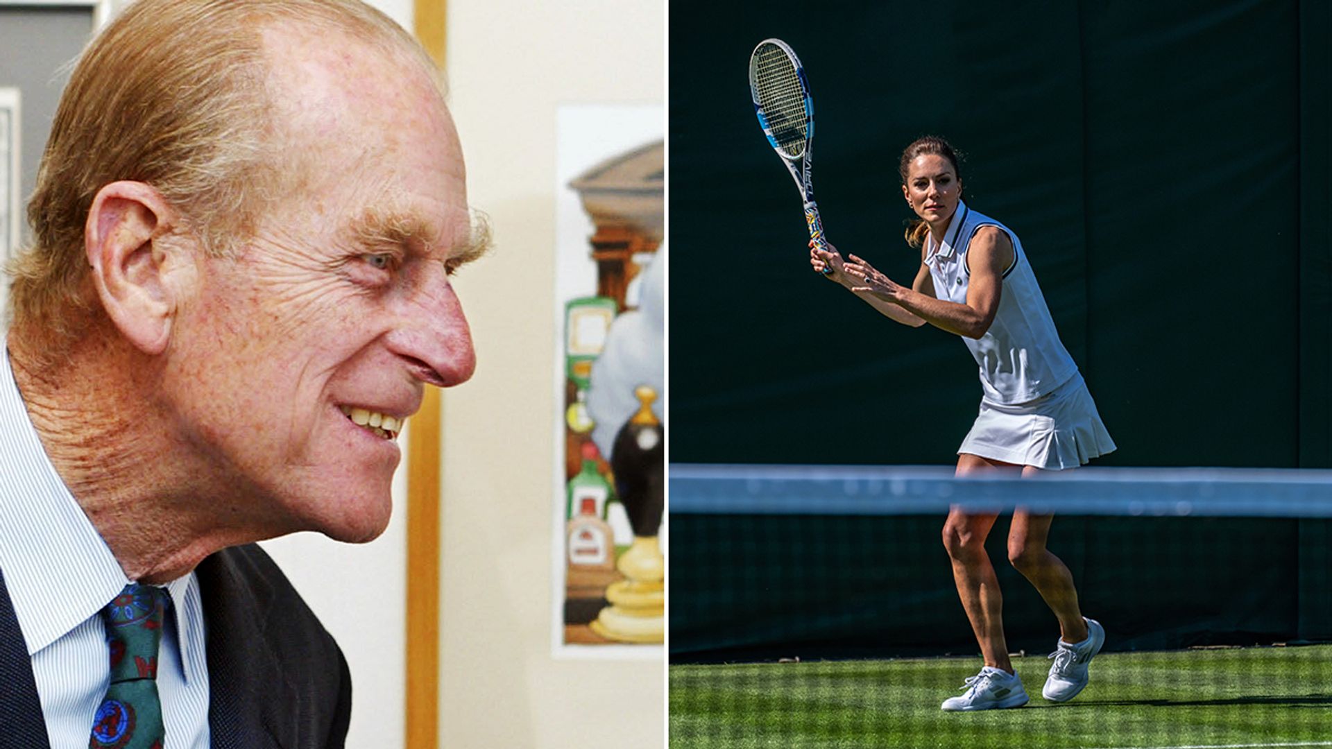 Split image of Prince Philip and Kate Middleton playing tennis