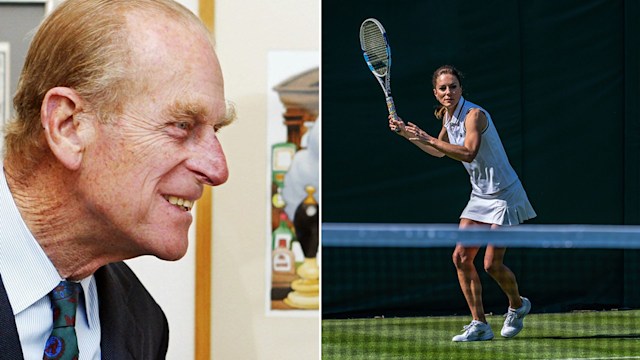 Split image of Prince Philip and Kate Middleton playing tennis