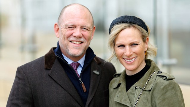 Mike Tindall and Zara Tindall attend day 2 of the April Meeting at Cheltenham Racecourse on April 18, 2024 in Cheltenham, England