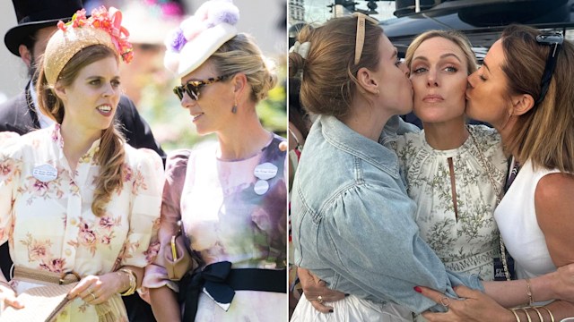 Beatrice and Zara at Royal Ascot and Beatrice kissing Zara at Monaco Grand Prix