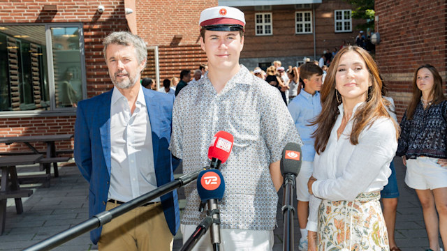 Crown Prince Christian, King Frederik X and Queen Mary meet the press as The Crown Prince Christian of Denmark attends his Graduation Ceremony at Ordrup Gymnasium 