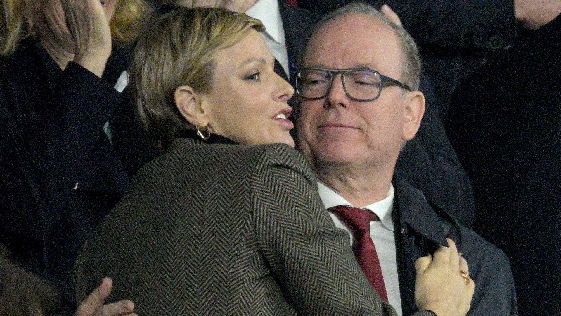 Charlene, Princess of Monaco celebrates South Africa victory with her husband Prince Albert II of Monaco at the Rugby World Cup Final match between New Zealand and South Africa at Stade de France on October 28, 2023 in Paris, France. 