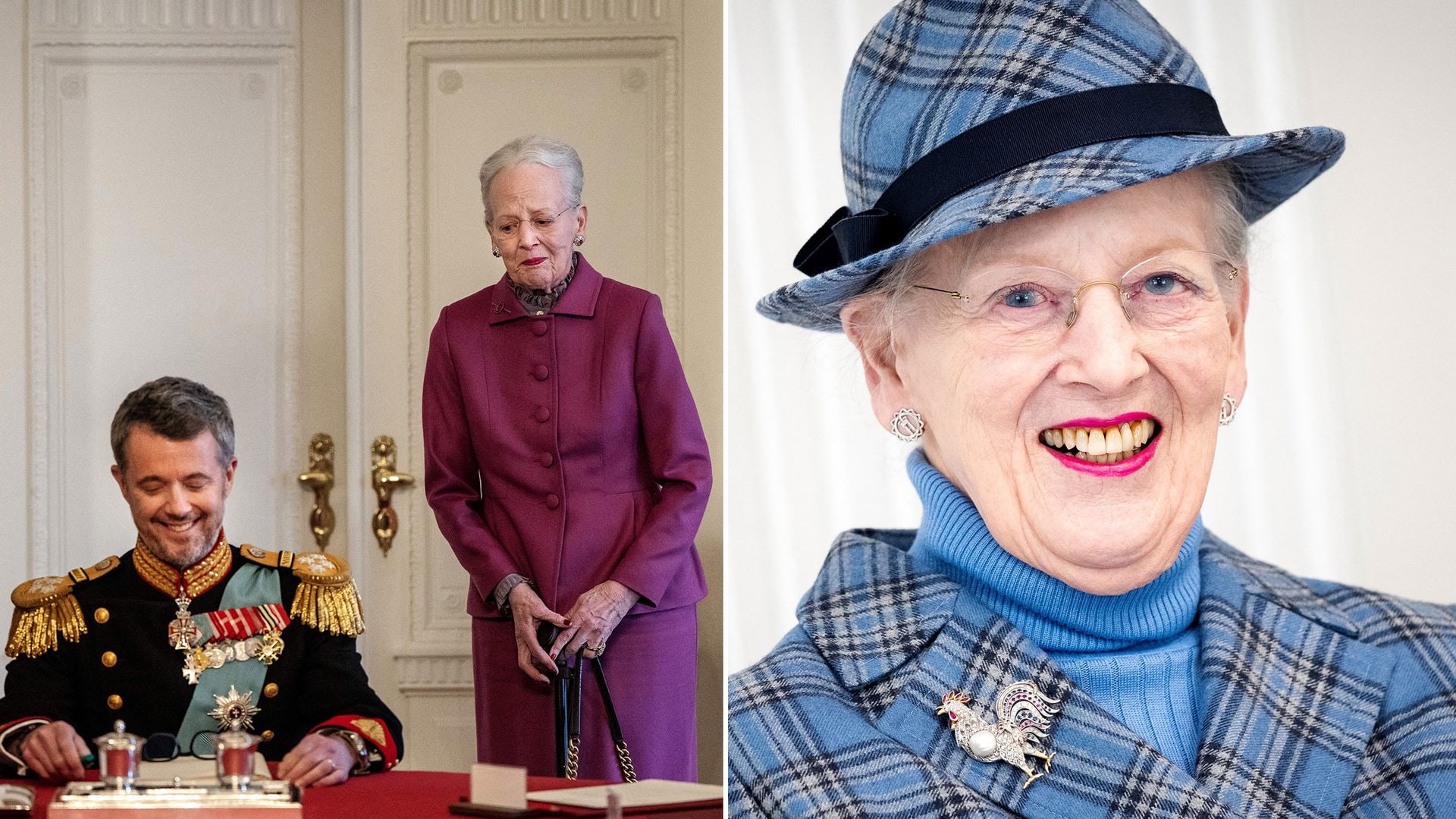 Queen Margrethe abdicates and wearing a blue checked suit