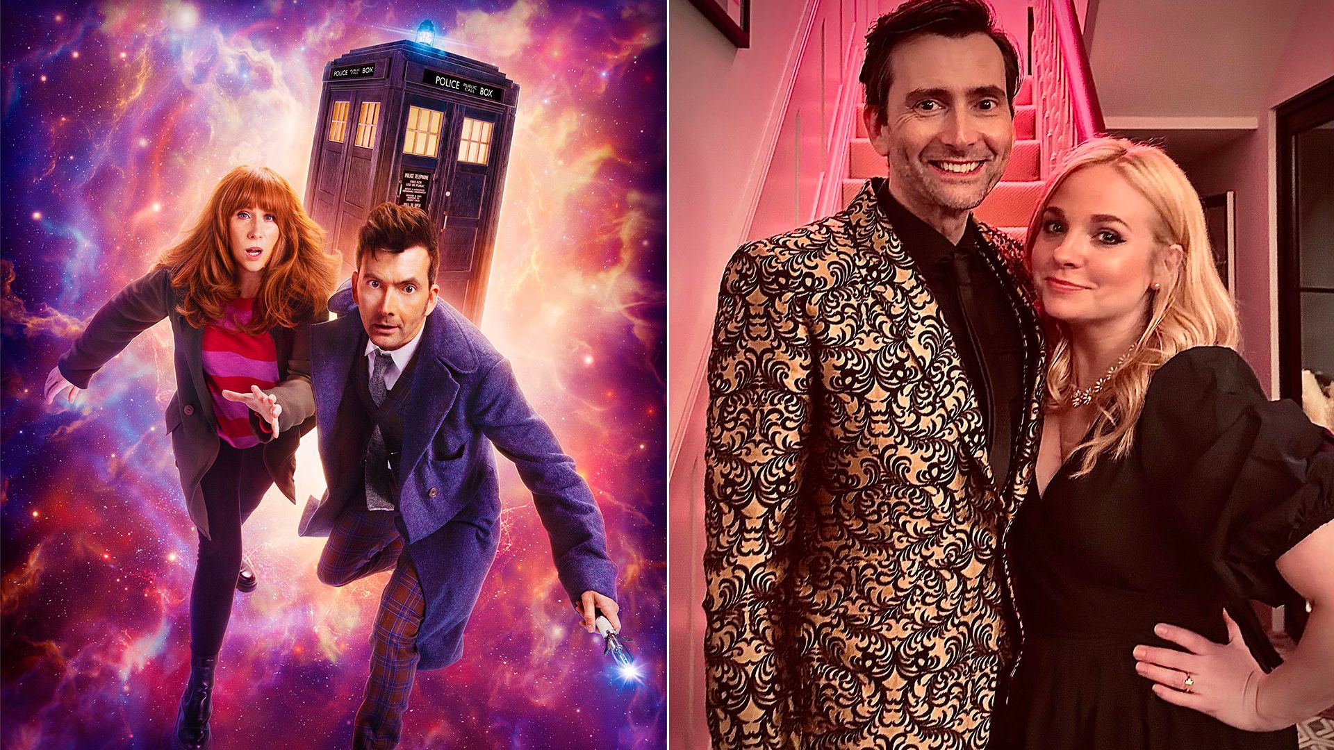 Split image of David Tennant in Doctor who, and David with his wife Georgia