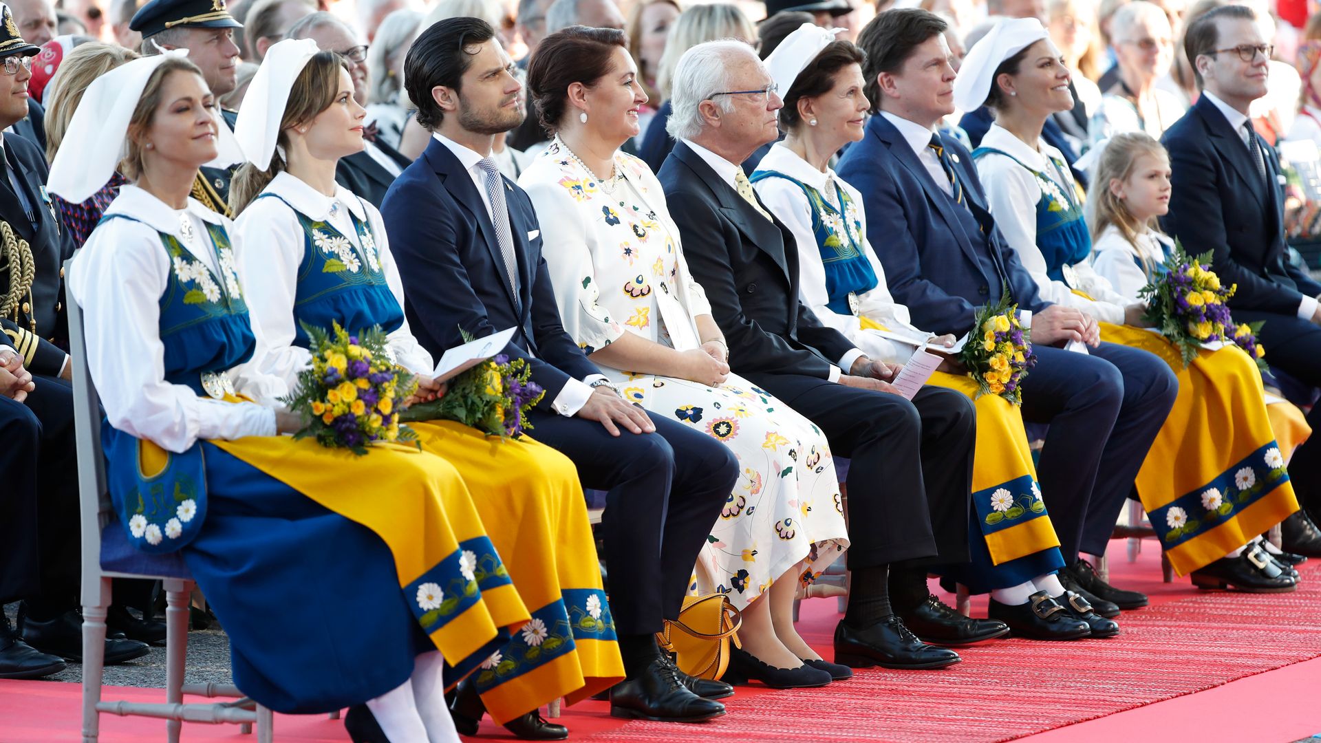 Princess Madeleine of Sweden, Princess Sofia of Sweden, Prince Carl Philip of Sweden, Helena Norlen, King Carl XVI Gustaf of Sweden, Queen Silvia of Sweden, Andreas Norlen, Crown Princess Victoria of Sweden, Princess Estelle of Sweden and Prince Daniel at national celebrations