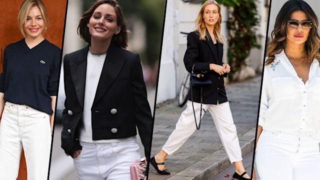 best white jeans as seen on celebrities wearing white jeans. Photographed: Sienna Miller, Olivia Palermo, Marlies-Pia Pfeiffhofer and Priyanka Chopra