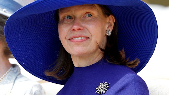 A close-up photo of Lady Sarah Chatto wearing purple