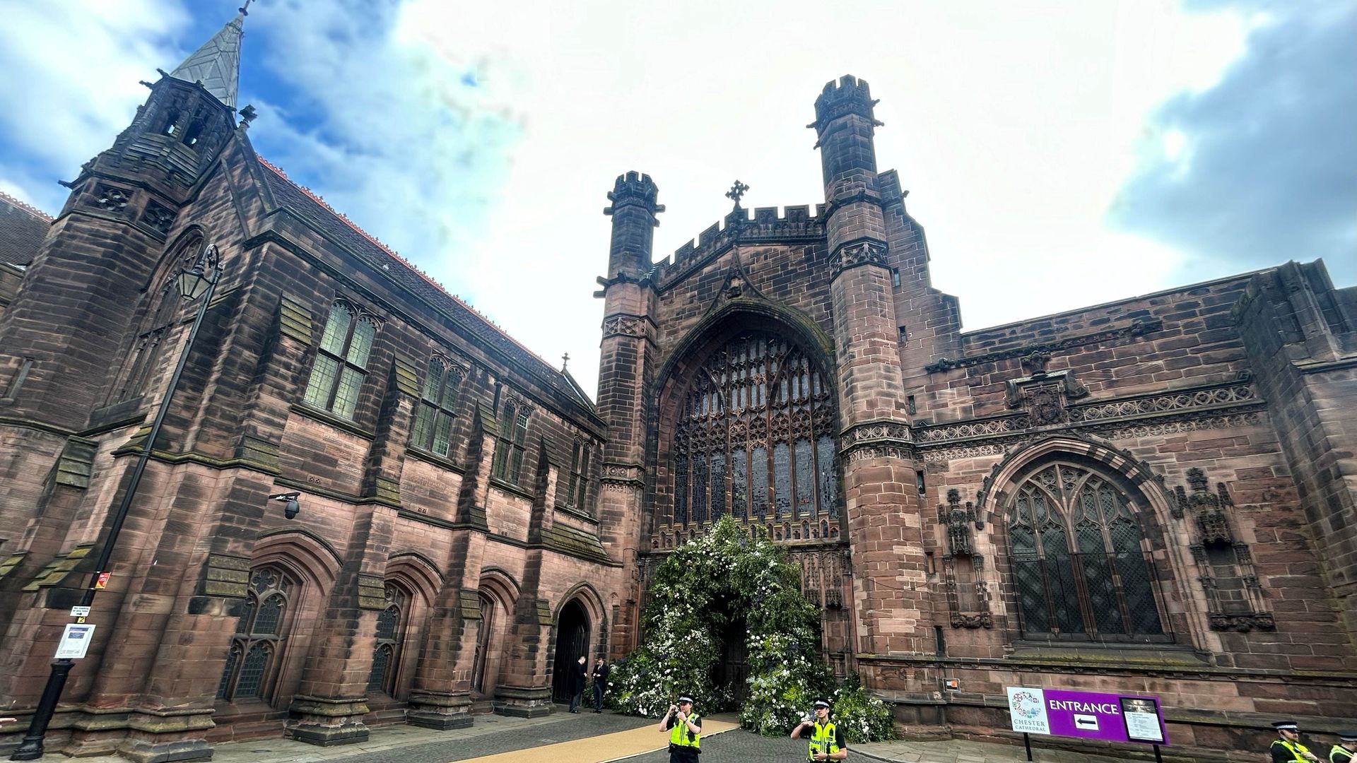 Police outside Chester Cathedral before the wedding of Hugh Grosvenor, the Duke of Westminster, to Olivia Henson