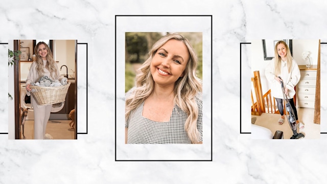 split screen photo of a blonde lady cleaning