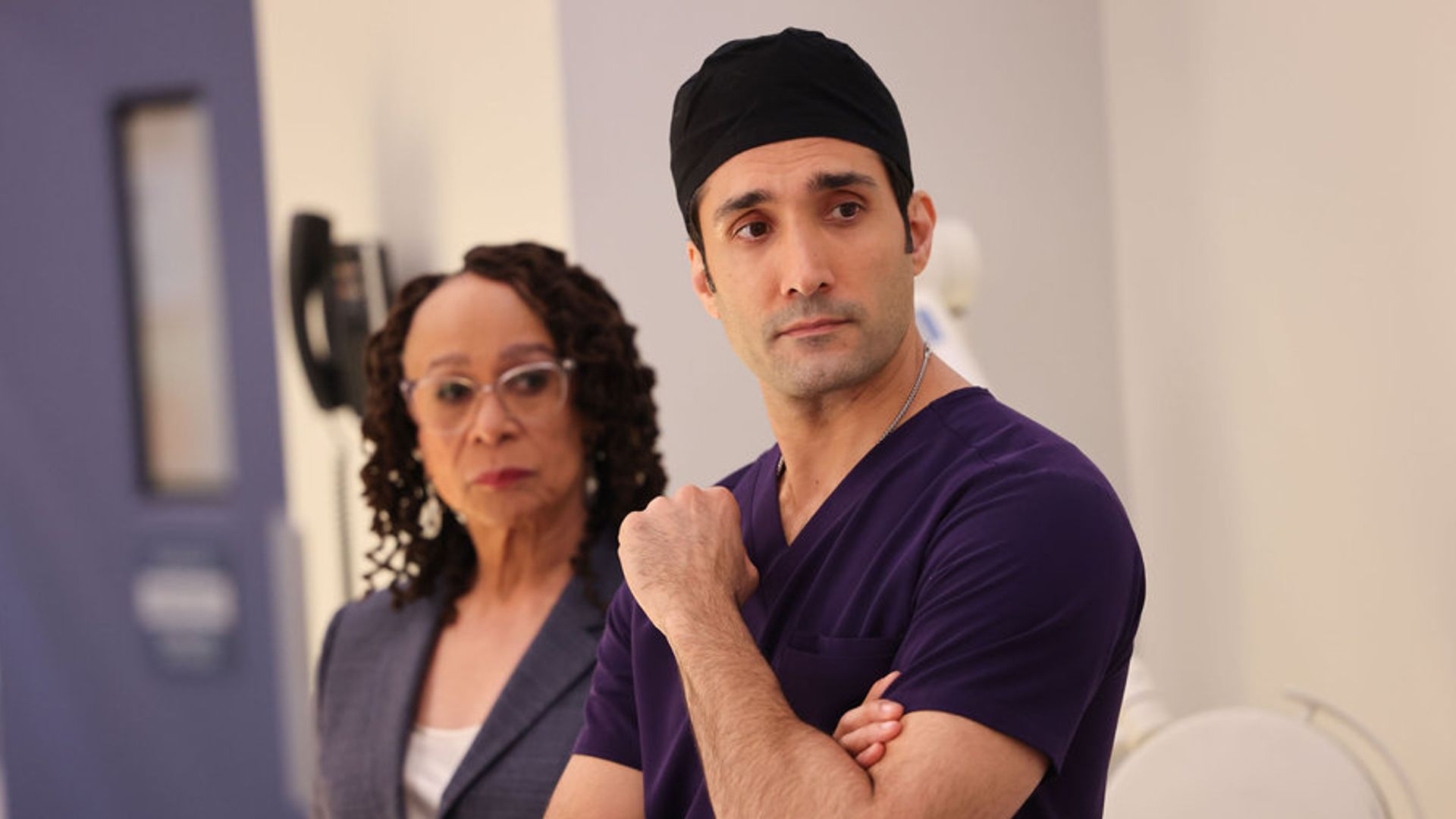 Epatha Merkerson as Sharon Goodwin, Dominic Rains as Dr. Crockett Marcel in Chicago Med