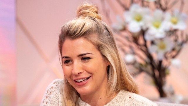 Gemma Atkinson in a cream jumper and floral skirt