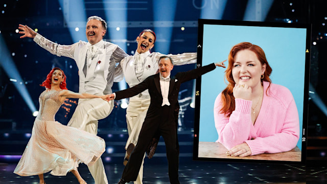 Lucy Edwards smiling alongside two images of Chris and Dianne performing on Strictly