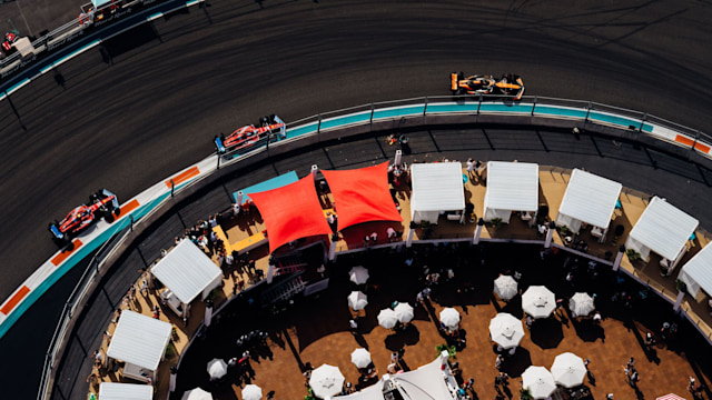 A view from above of the Miami Grand Prix cars racing