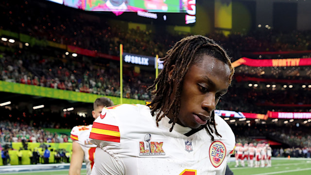 Xavier Worthy #1 of the Kansas City Chiefs walks off the field after Philadelphia beat the Kansas City Chiefs 40-22 during Super Bowl LIX 