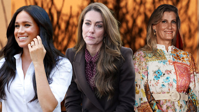 Princess Kate, Meghan Markle and duchess sophie with orange backdrop