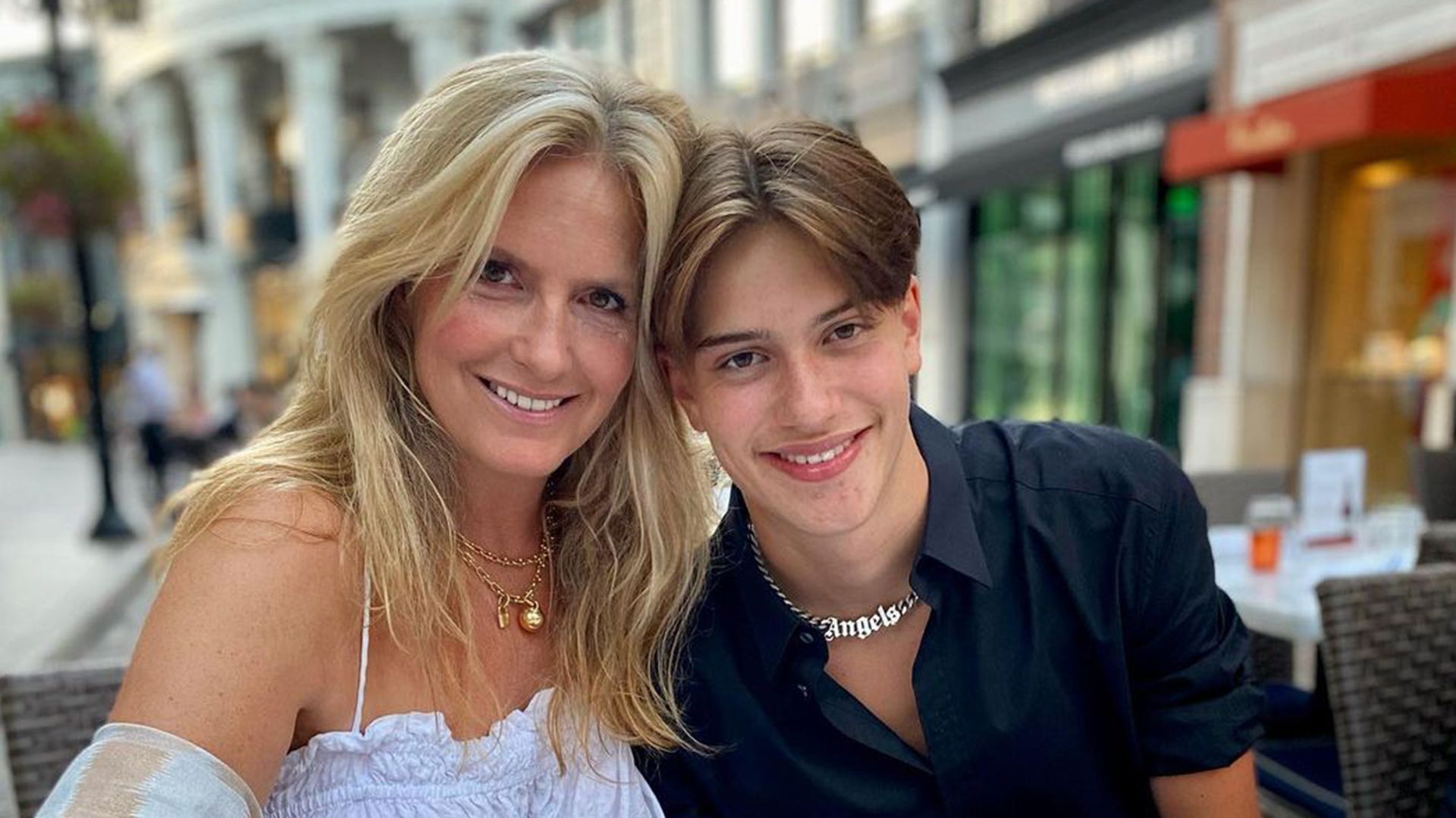 Penny Lancaster and son Alastair at dinner