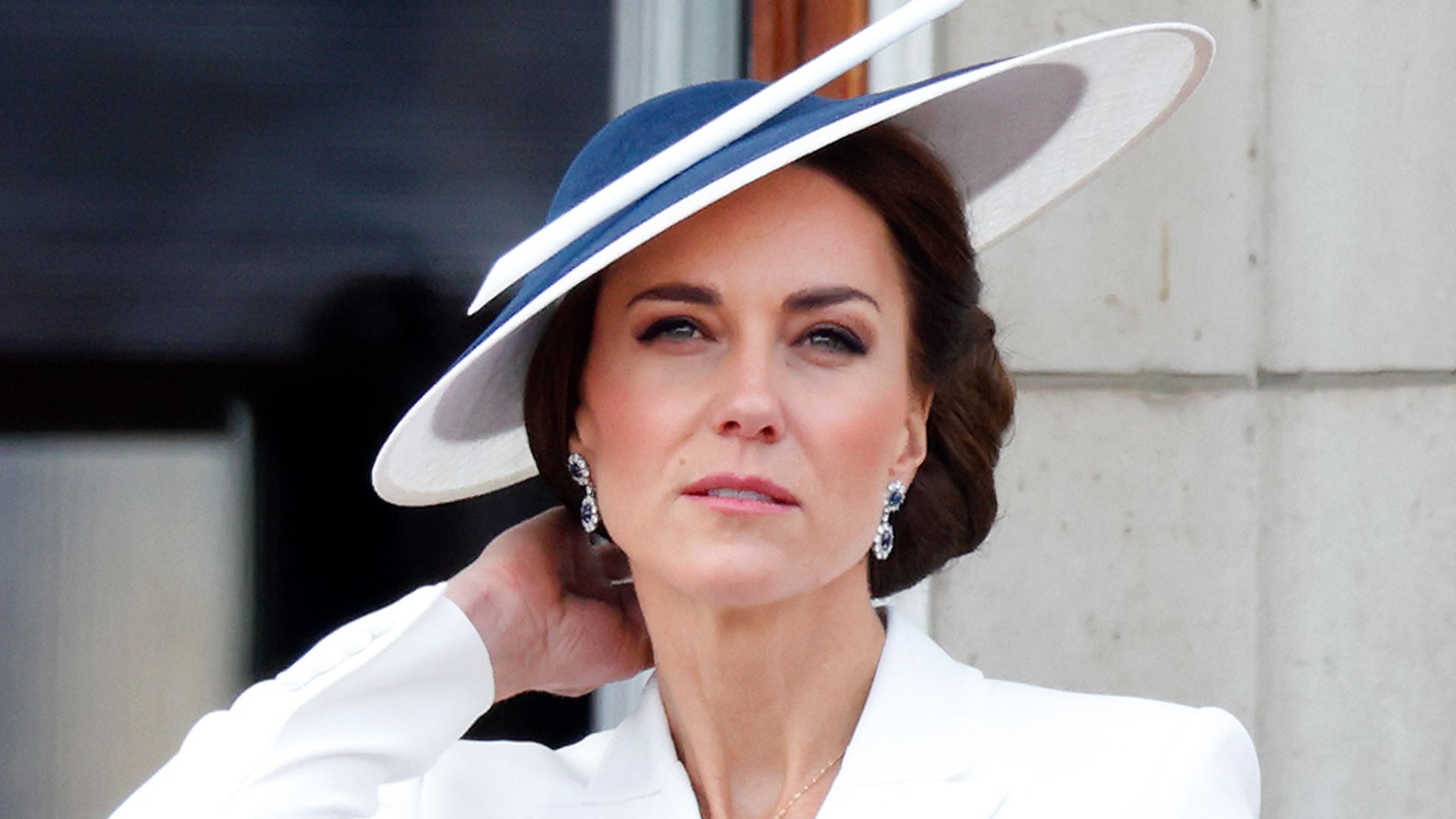 Catherine, Princess of Wales watches a flypast from the balcony of Buckingham Palace during Trooping the Colour on June 2, 2022 in London, England. Trooping The Colour, also known as The Queen's Birthday Parade, is a military ceremony performed by regiments of the British Army that has taken place since the mid-17th century. It marks the official birthday of the British Sovereign. This year, from June 2 to June 5, 2022, there is the added celebration of the Platinum Jubilee of Elizabeth II in the UK and Commonwealth to mark the 70th anniversary of her accession to the throne on 6 February 1952. (Photo by Max Mumby/Indigo/Getty Images)