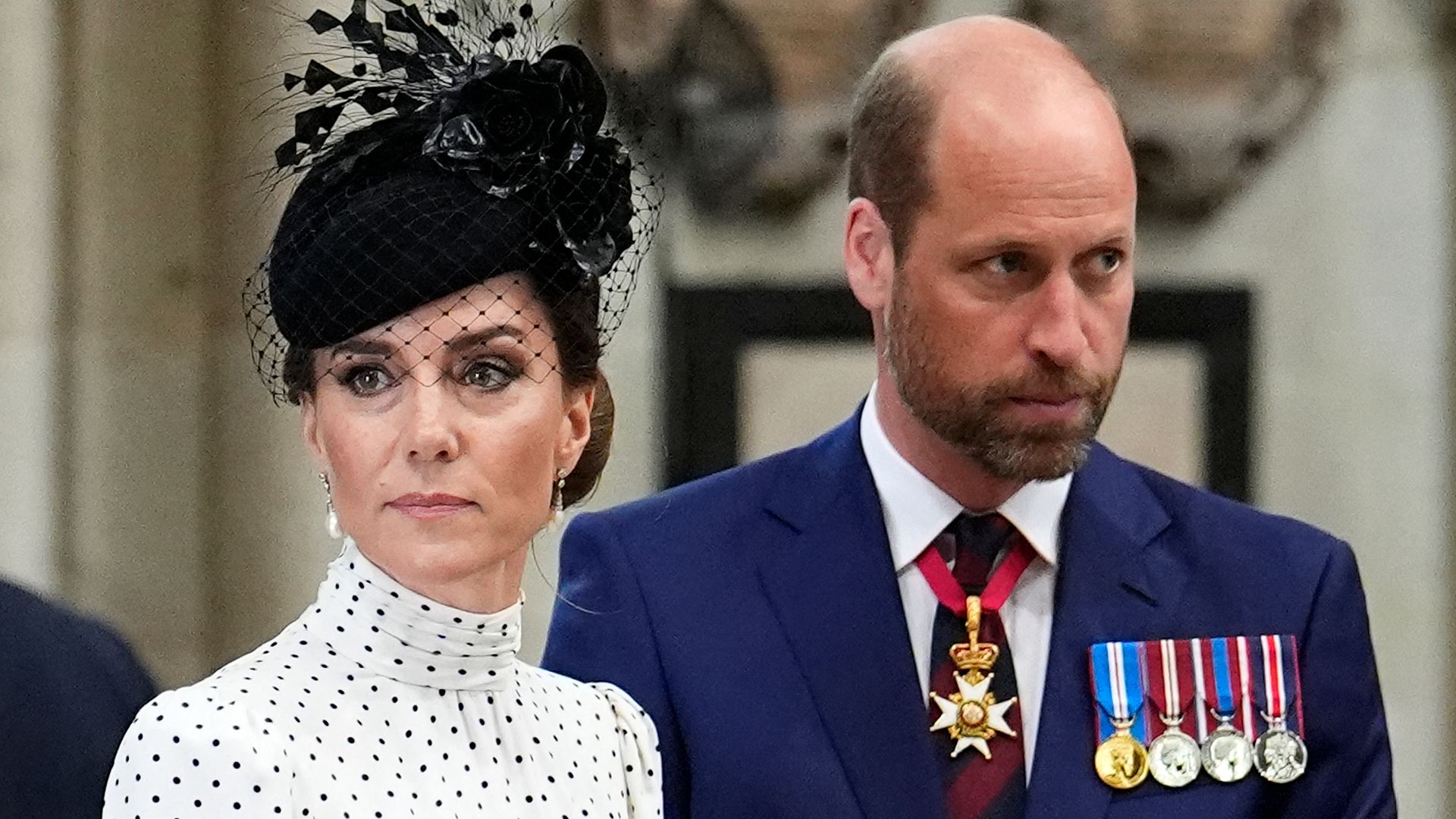 Britain's Prince William, Prince of Wales and Britain's Catherine, Princess of Wales attend a service of thanksgiving to mark the 80th anniversary of VE Day, or Victory in Europe Day