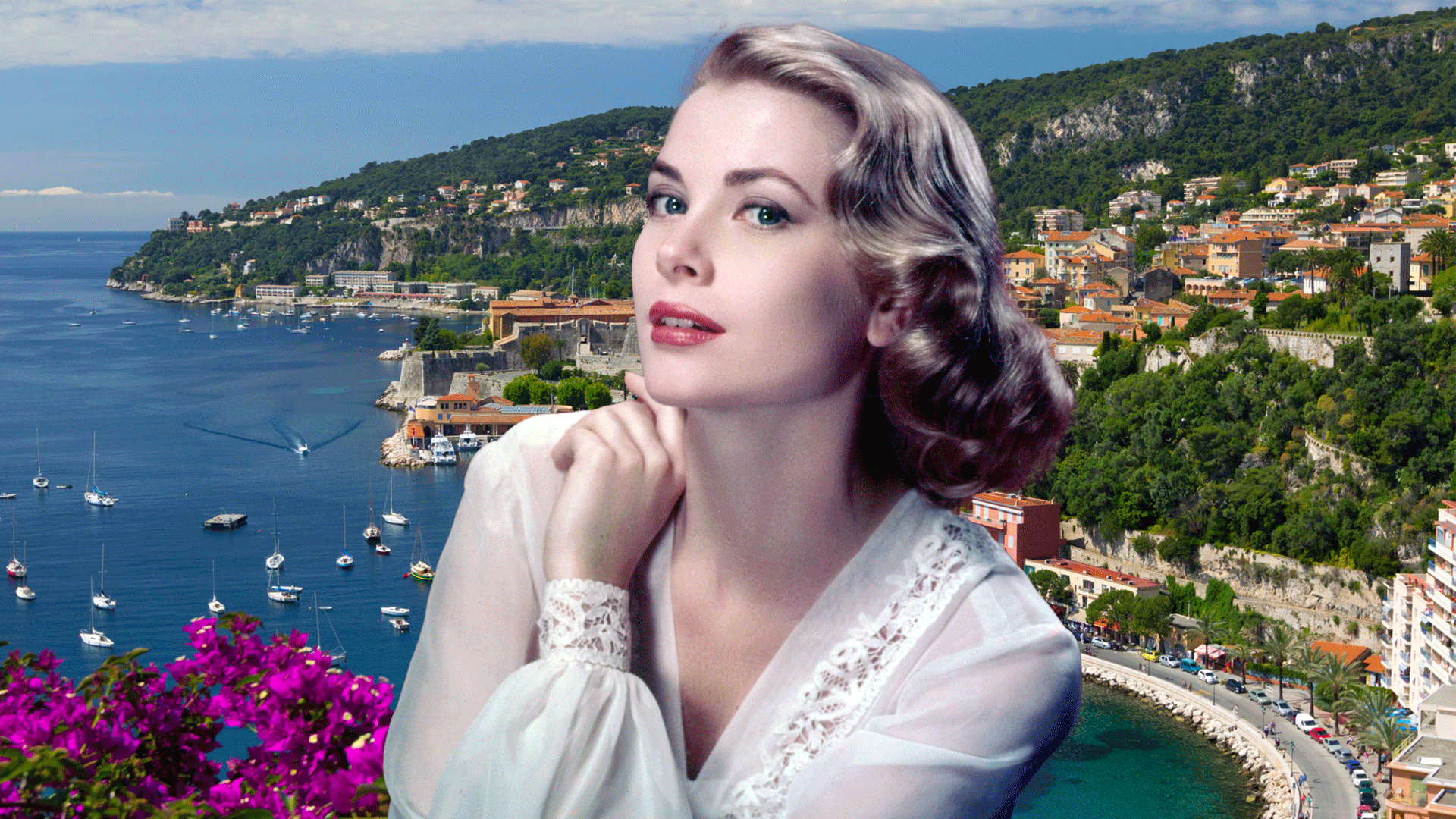 Grace Kelly with french riviera backdrop