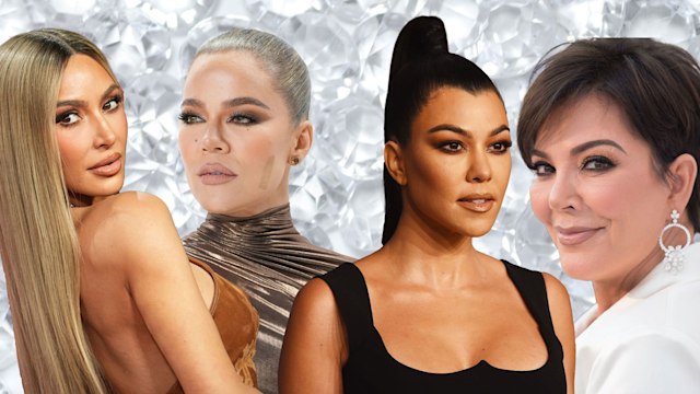Kim, Khloe, Kourtney and Kris Kardashian against diamond backdrop