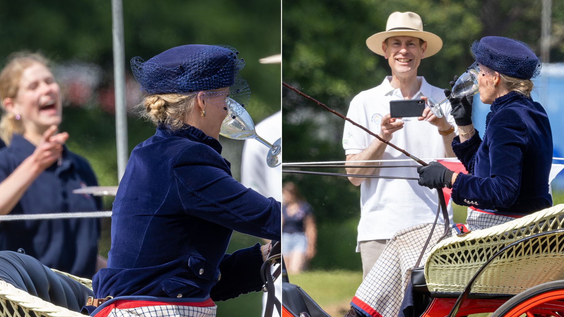 Lady Louise and Prince Edward laughing at Duchess Sophie during carriage drinking game