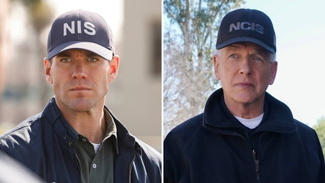 Split image of Austin Stowell and Mark Harmon as Leroy Jethro Gibbs on NCIS