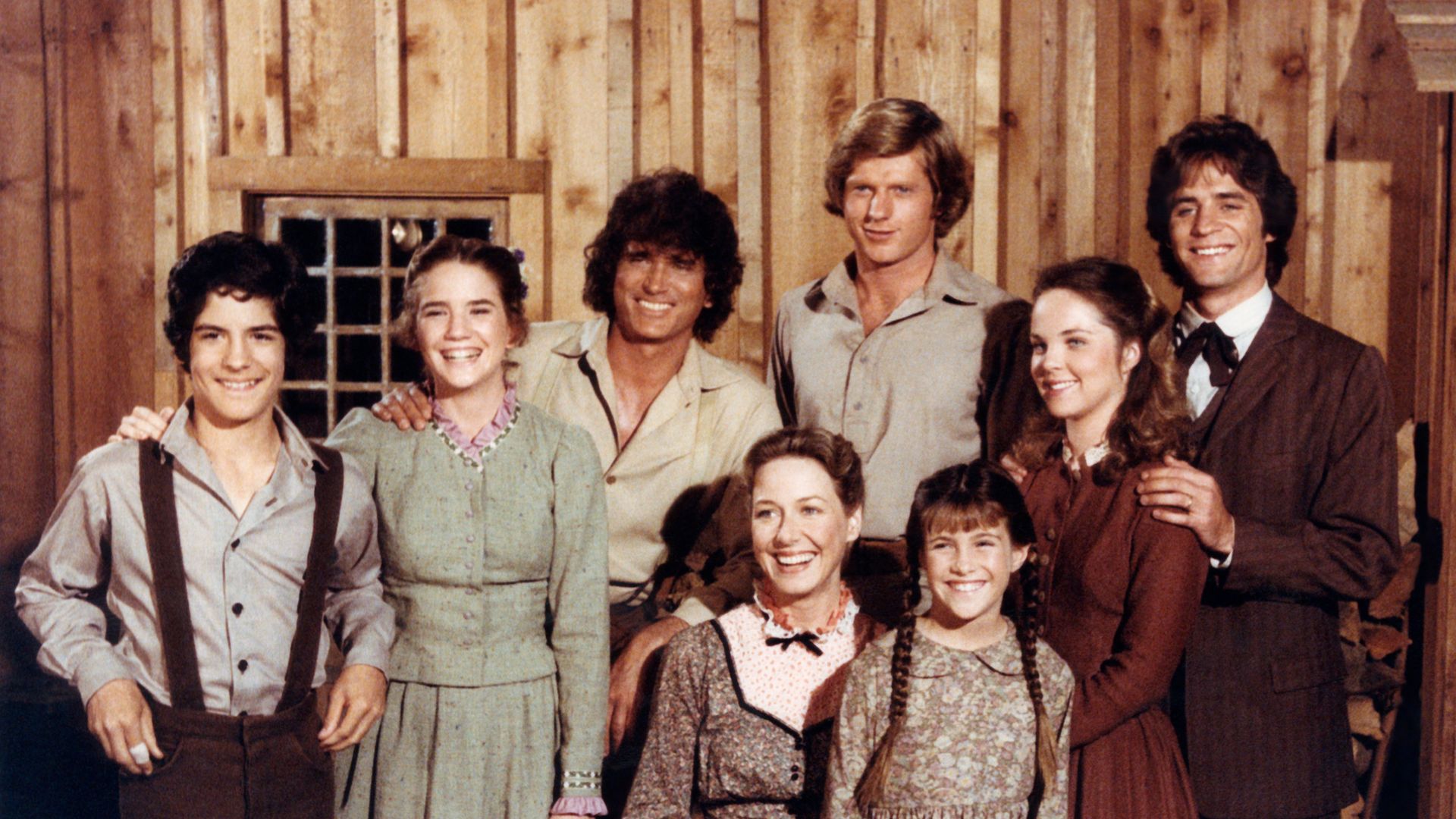 LITTLE HOUSE ON THE PRAIRIE -- Season 7 -- Pictured: (top l-r) Matthew Laborteaux as Albert Quinn Ingalls, Melissa Gilbert as Laura Elizabeth Ingalls Wilder, Michael Landon as Charles Philip Ingalls, Dean Butler as Almanzo James Wilder, Melissa Sue Anderson as Mary Ingalls Kendall, Linwood Boomer as Adam Kendall, (bottom l-r) Karen Grassle as Caroline Quiner Holbrook Ingalls, Lindsay/Sidney Greenbush as Carrie Ingalls
