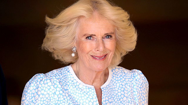 Queen Camilla wearing blue and white dress with pearl earrings