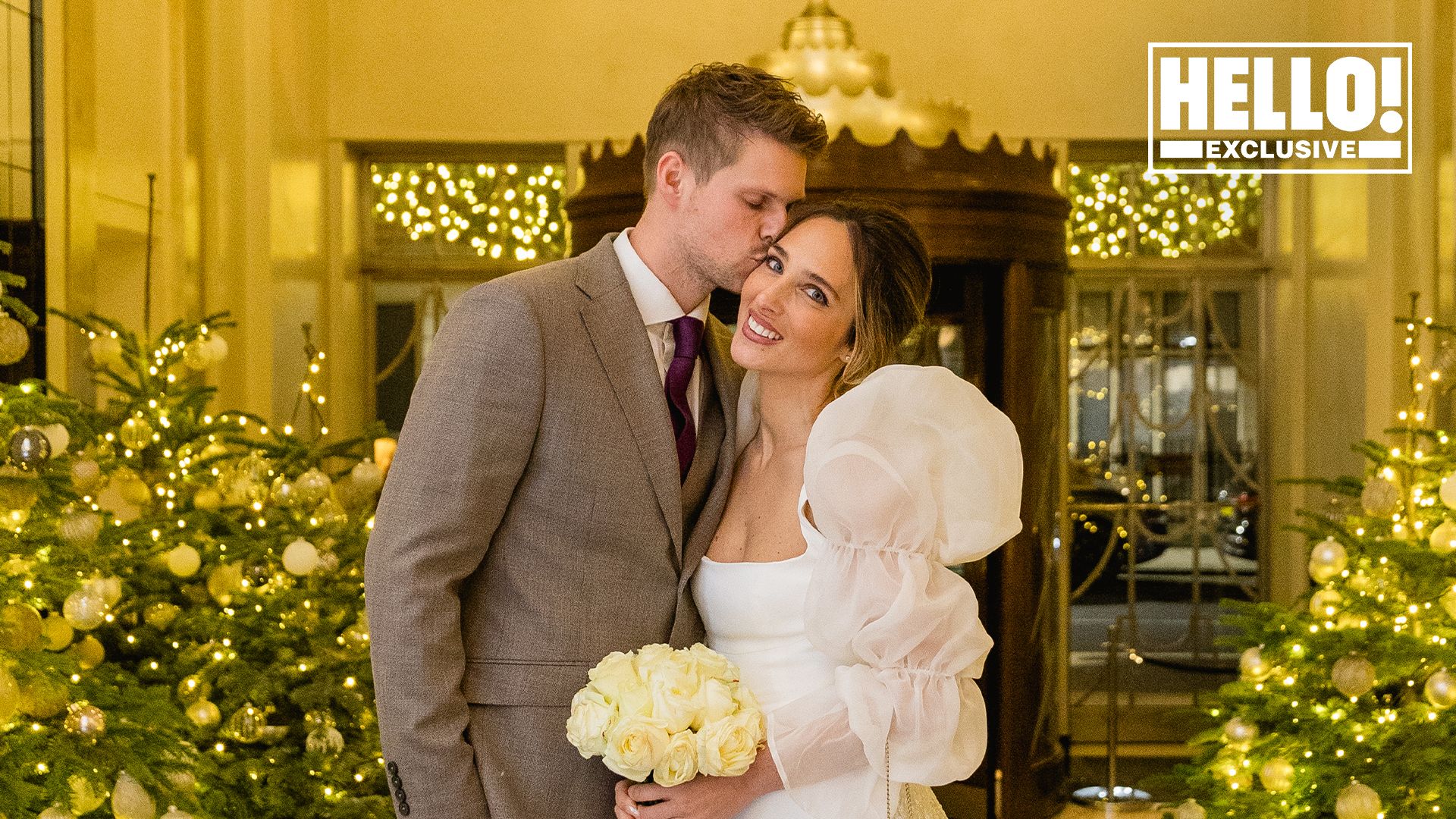 Maeva D'Ascanio wearing puff sleeve second wedding dress as husband James Taylor kisses her cheek