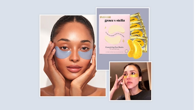 Under eye masks to combat puffy eyes, Jessica Alba using Grace & Stella eye masks and a model using 111skin eye masks