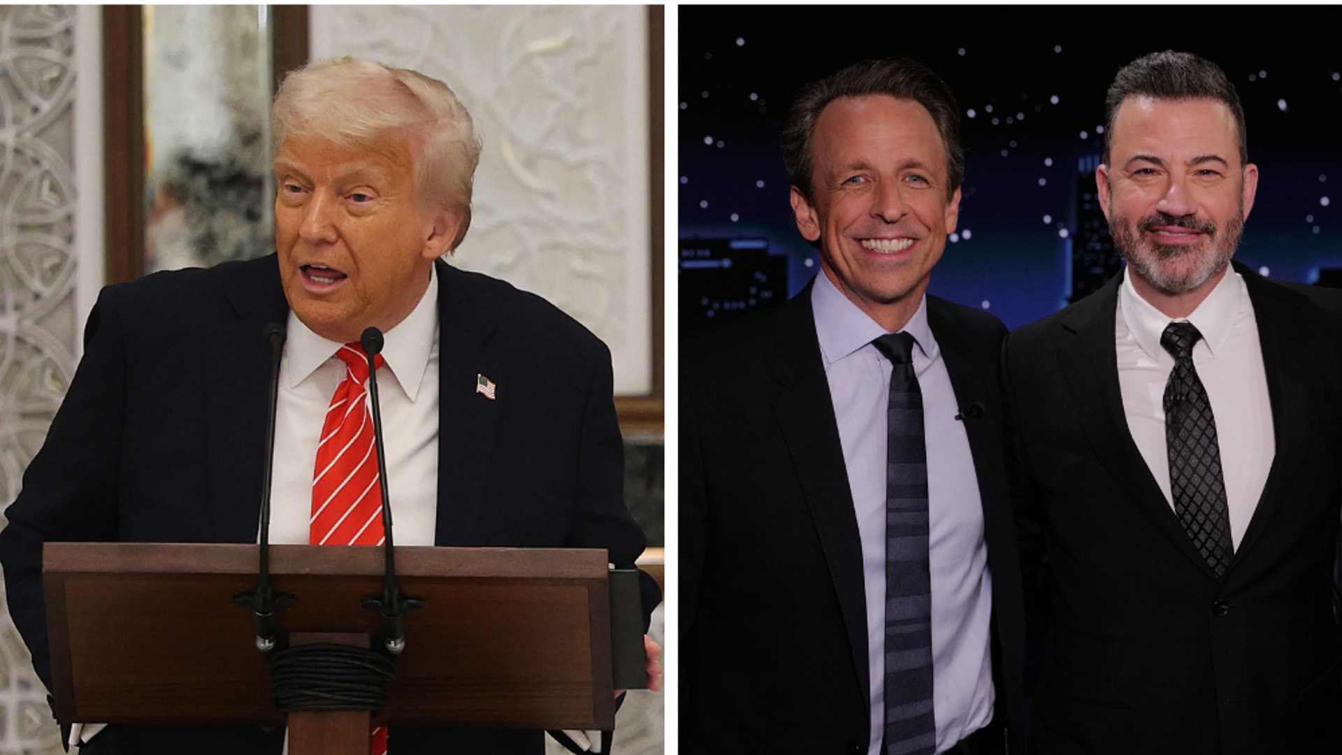 Donald Trump split image Seth Meyers Jimmy Kimmel