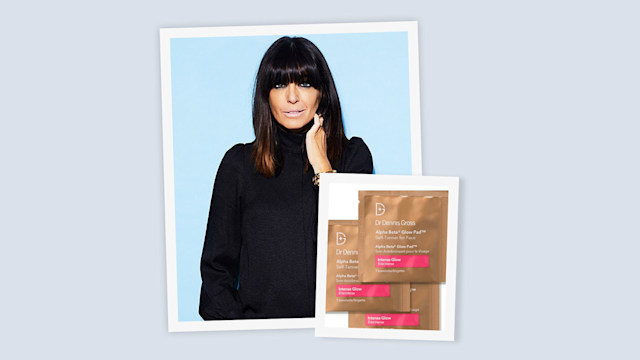 Claudia Winkleman and a product shot of Dr Dennis Gross Alpha Beta Glow Pad Self-Tanning wipes