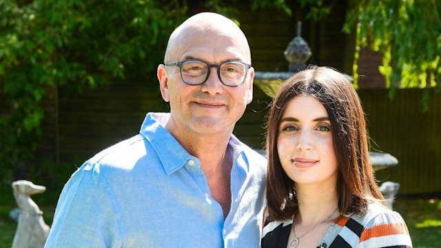 Gregg Wallace in a blue shirt and jeans and Anne-Marie Sterpini in a striped dress