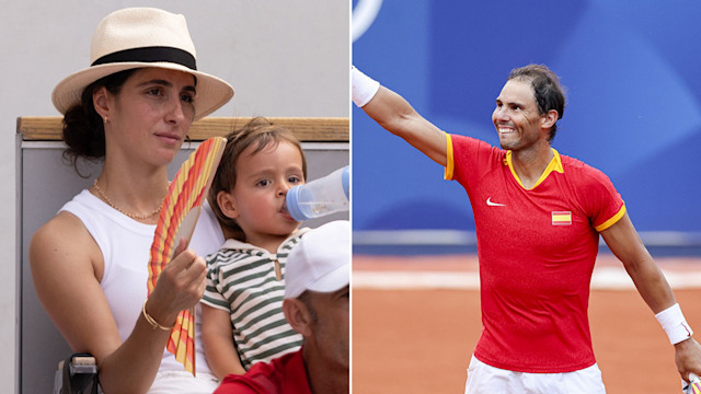 Split image of a woman carrying a baby and Rafael Nadal waving to a crowd