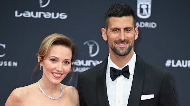 Jelena Djokovic in a black dress alongside Novak Djokovic wearing a black tuxedo