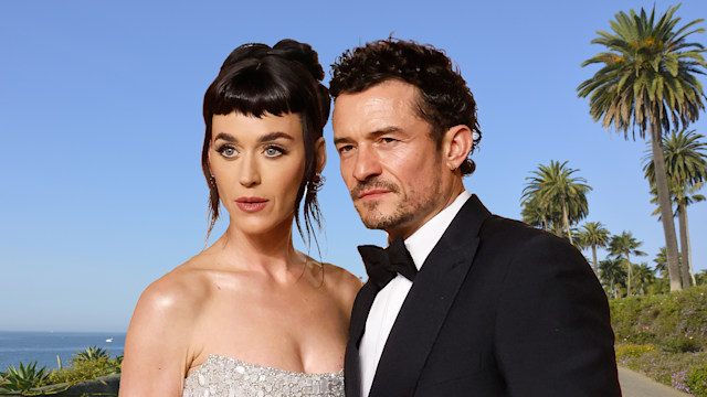 Creative image showing Katy Perry and Orlando Bloom's photo placed on top of a Californian landscape background with the sea and palm trees
