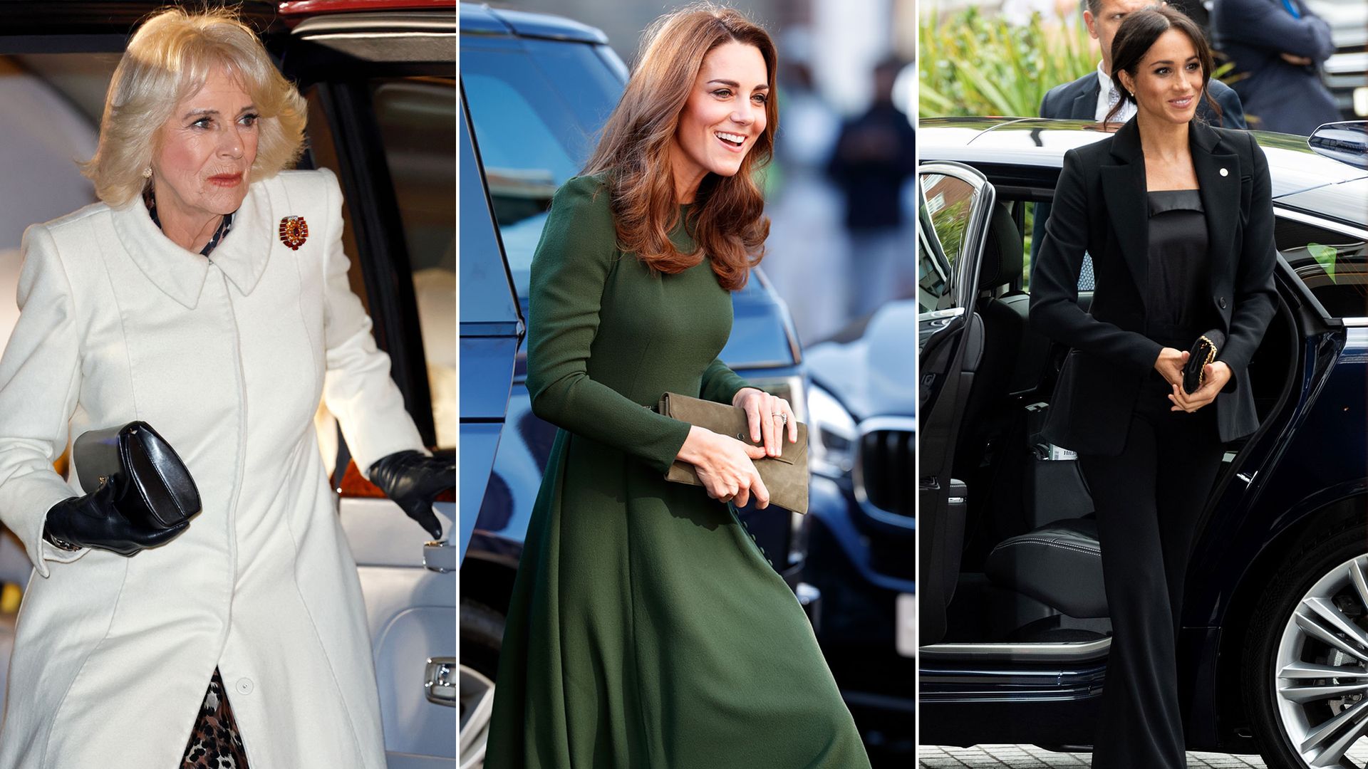 Queen Camilla, Kate Middleton and Meghan Markle exiting cars