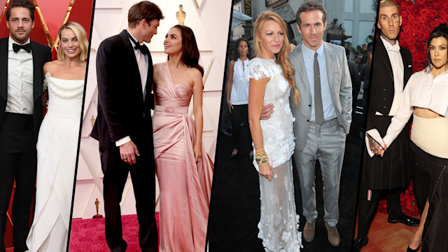 Celebrity couples Margot Robbie and Tom Ackerly, Mila Kunis and Ashton Kutcher, Blake Lively and Ryan Reynolds, and Kourtney Kardashian and Travis Barker
