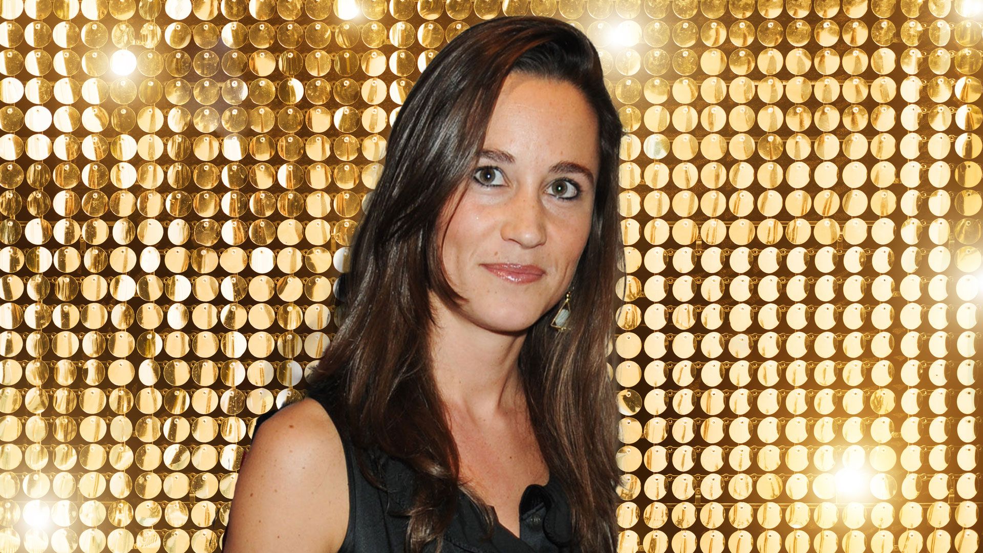 pippa middleton in black dress against gold disc backdrop