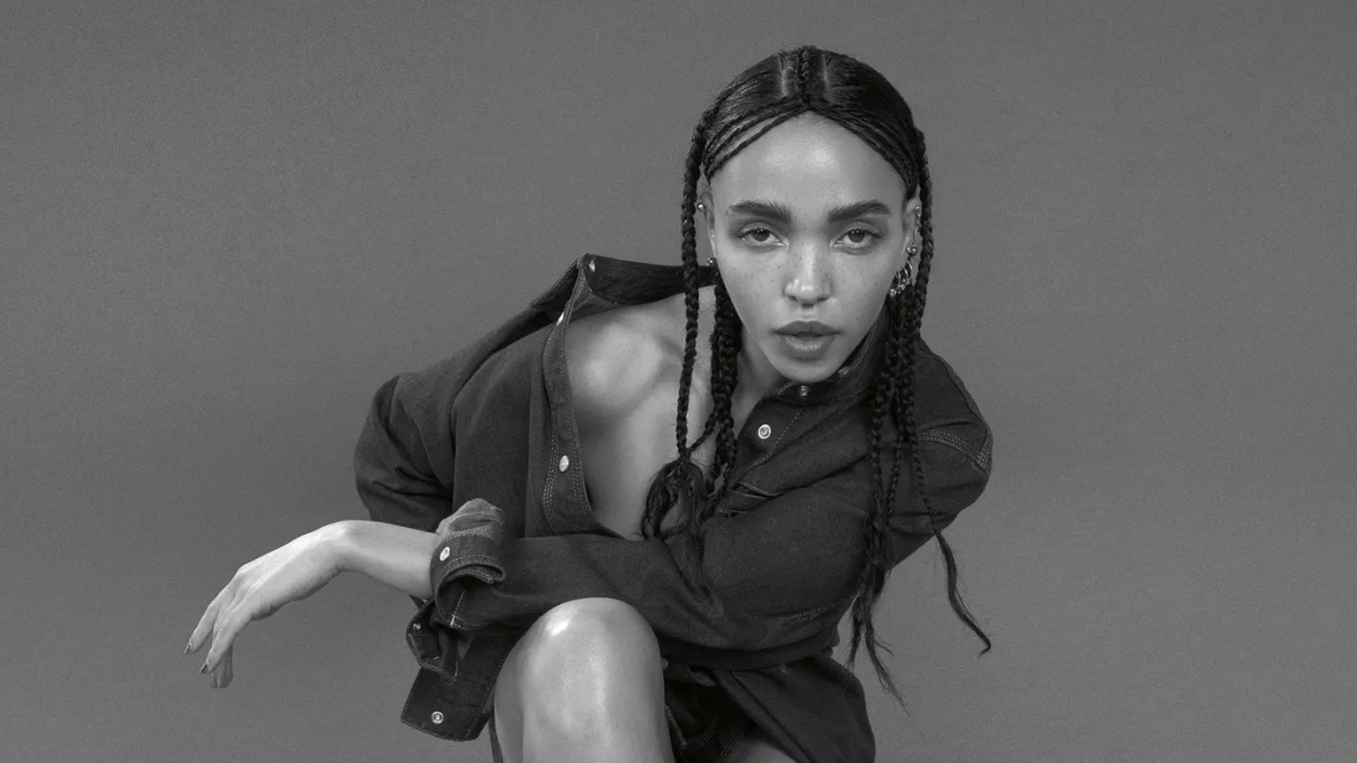 FKA twigs poses for Calvin Kleins ' Calvins or Nothing' Campaign in a denim shirt 
