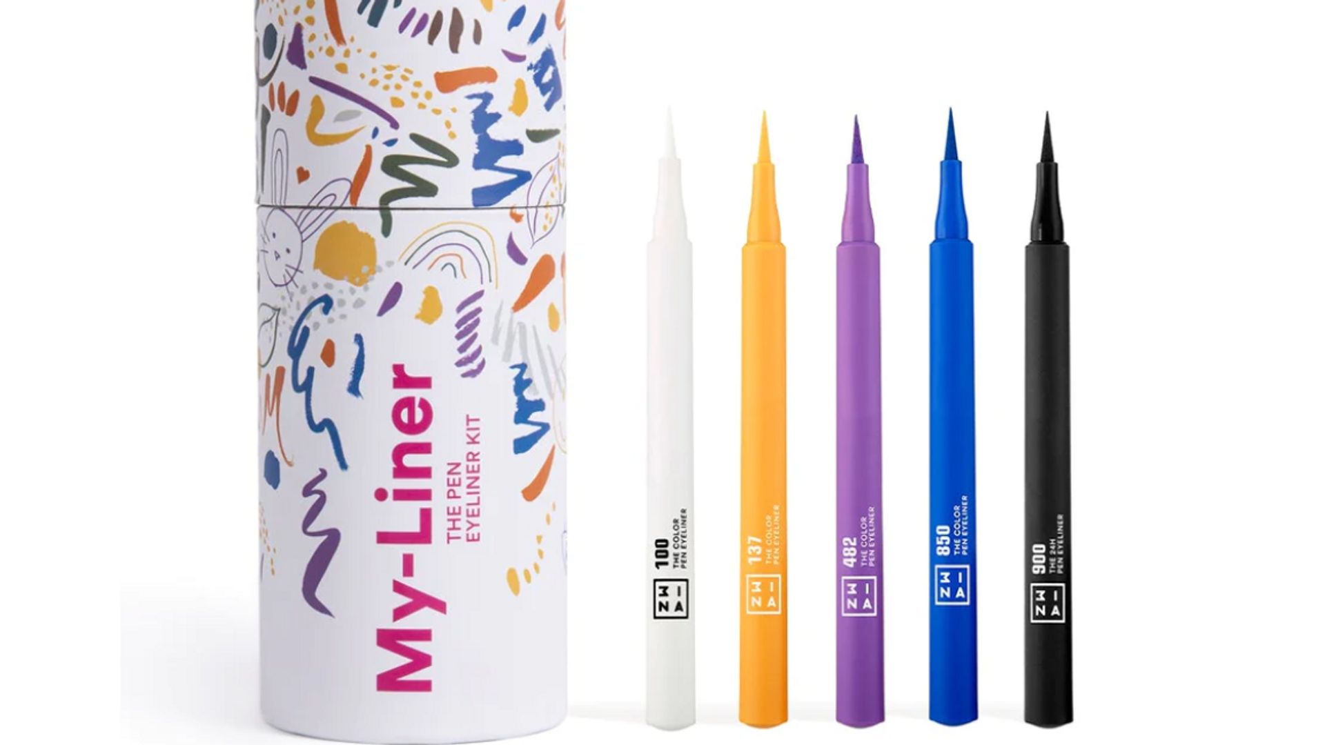 Eyeliner kit with white, yellow, purple, blue and black pens 