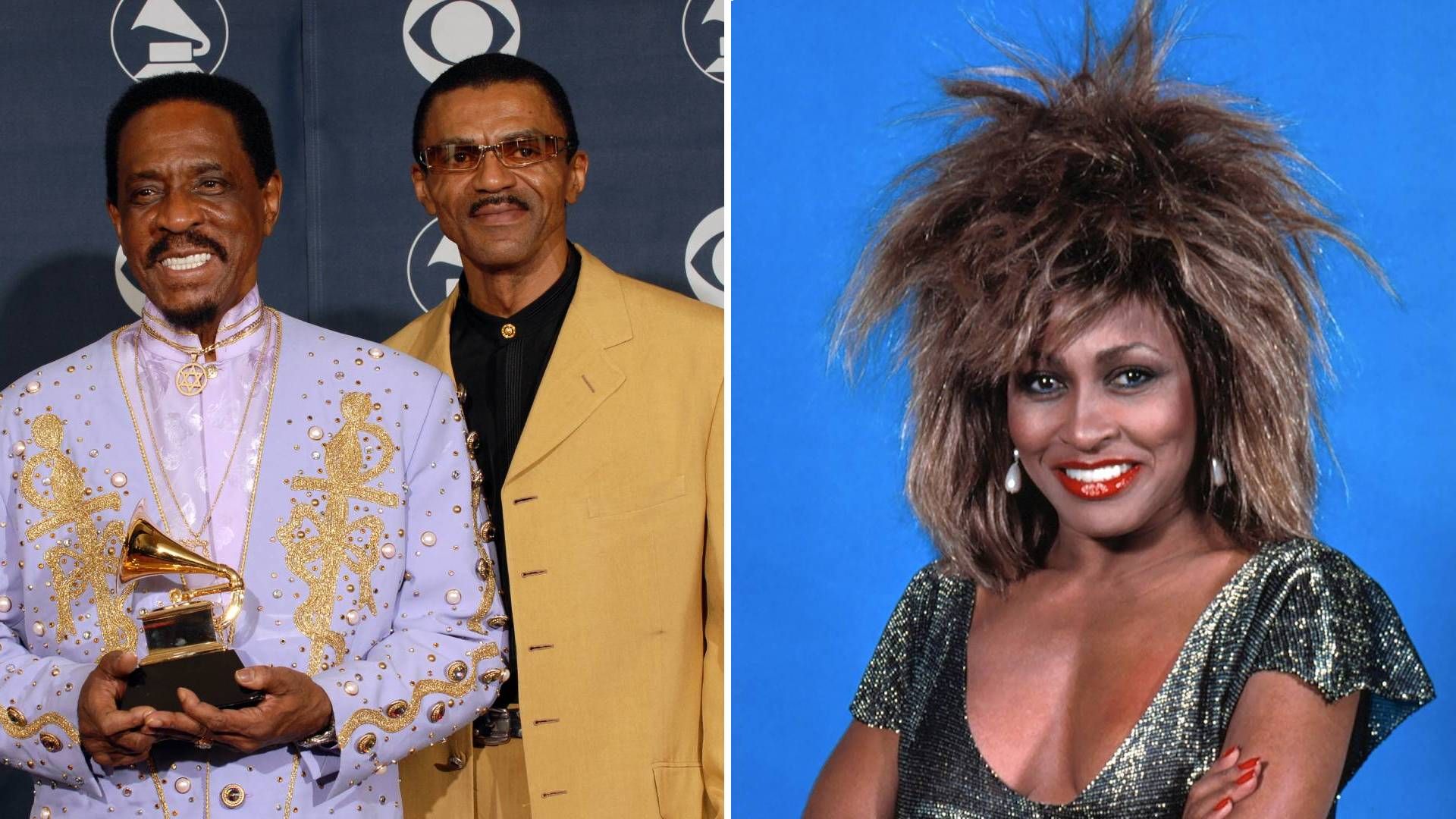 Split image of Tina Turner next to Ike Turner and Ike Turner Jr.
