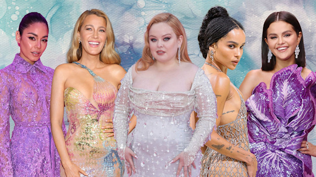 vanessa hudgens, blake lively, nicola coughlan, zoe kravitz, selena gomez on watercolour backdrop