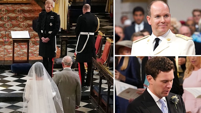 Prince Harry, Prince Albert and Jack Brooksbank at the altar watching their brides