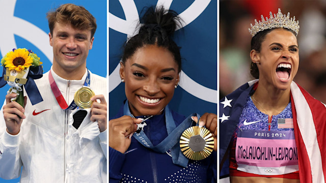 L to R: Bobby Finke, Simone Biles, Sydney McLaughlin Levrone